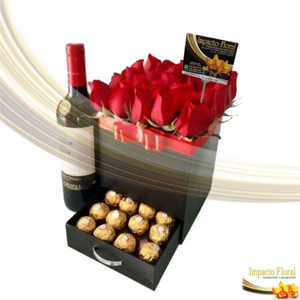 Caja con cajón de chocolates ferrero y rosas rojas con vino